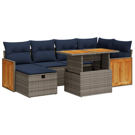 7 Piece Garden Sofa Set with Cushions Grey Poly Rattan Acacia