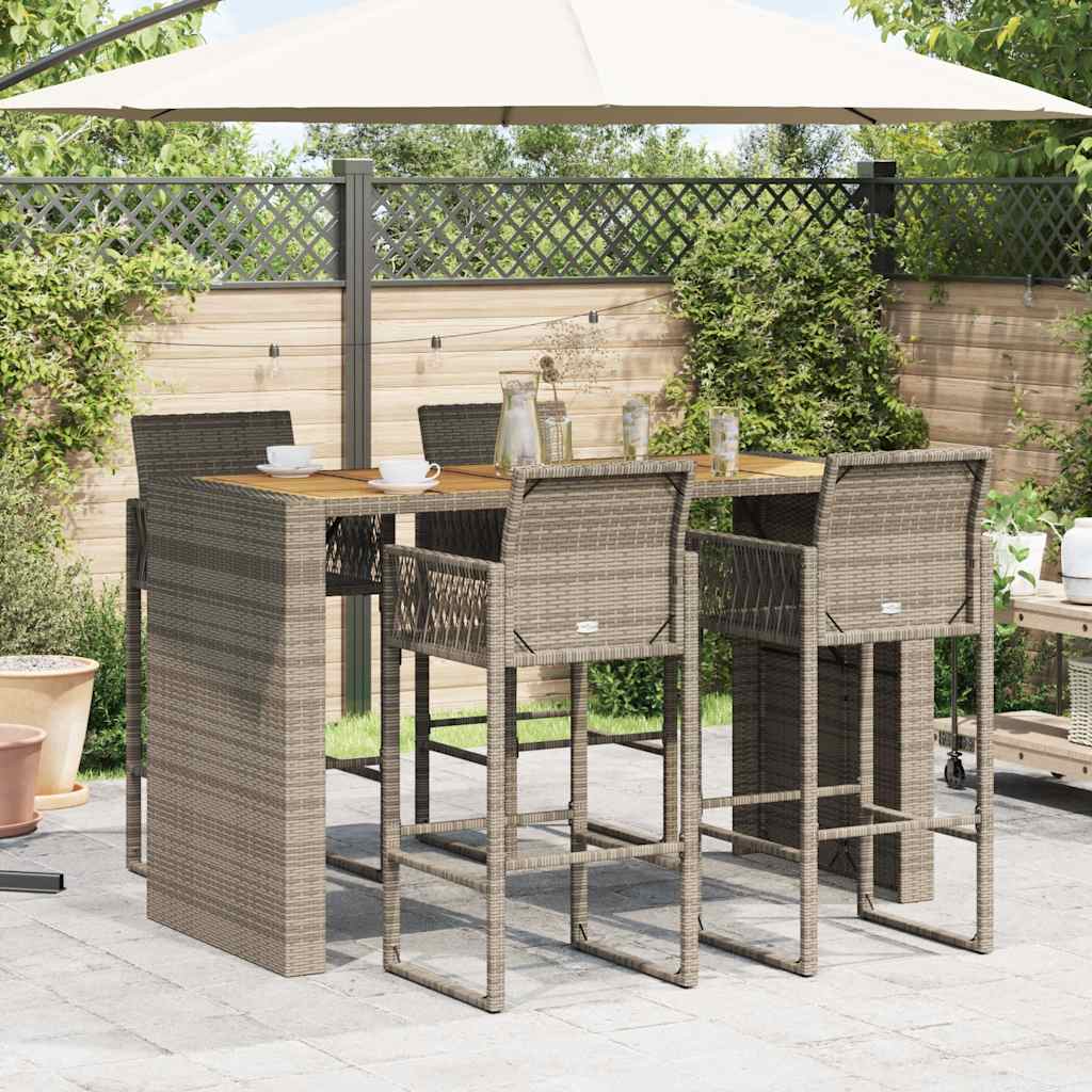 5 Piece Garden Bar Set without Cushions Grey Poly Rattan Acacia