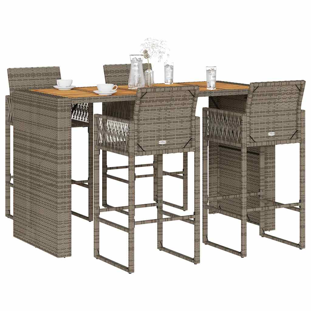 5 Piece Garden Bar Set without Cushions Grey Poly Rattan Acacia