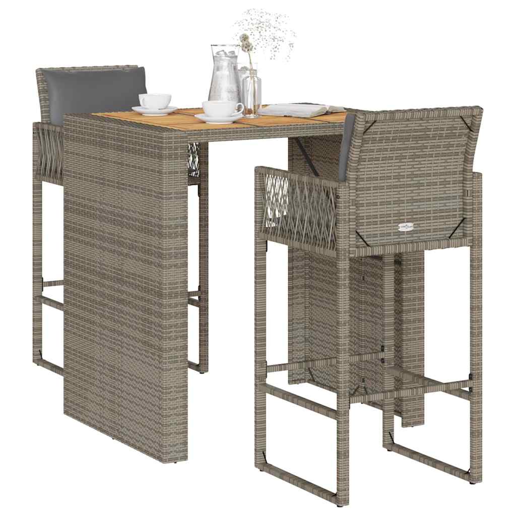 3 Piece Garden Bar Set with Cushions Grey Poly Rattan Acacia