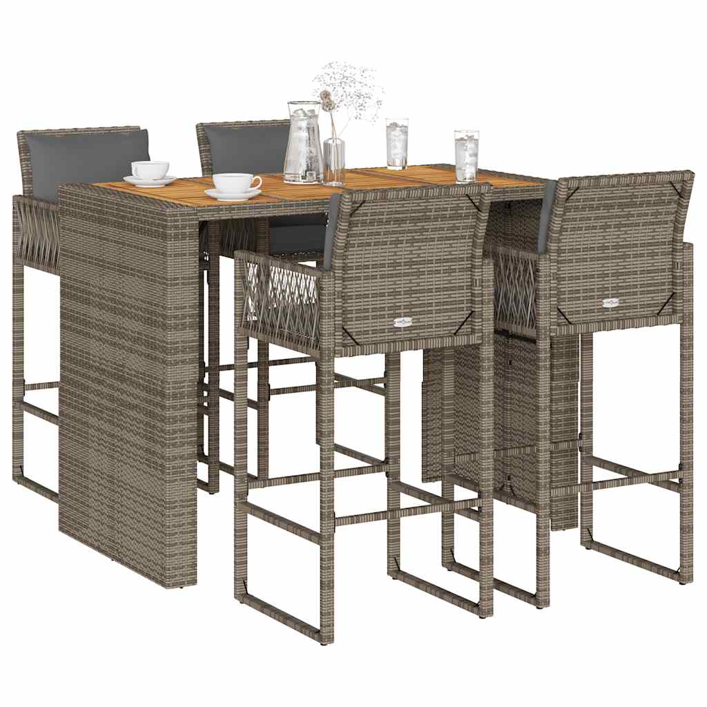 5 Piece Garden Bar Set with Cushions Grey Poly Rattan Acacia