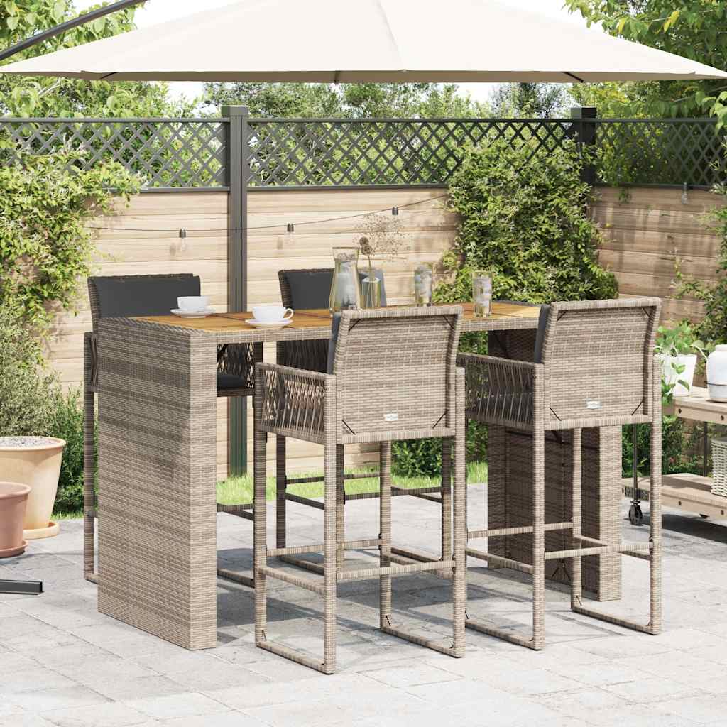 5 Piece Garden Bar Set with Cushions Grey Poly Rattan Acacia