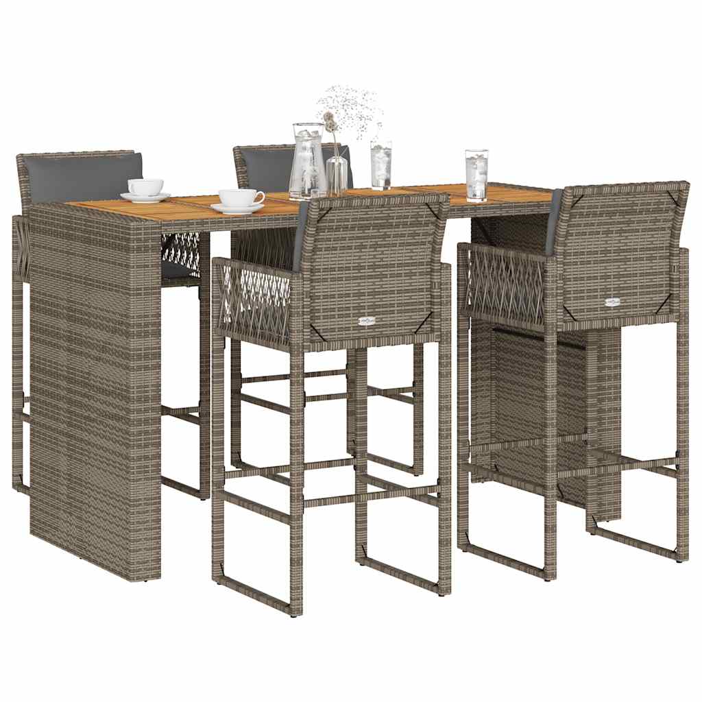 5 Piece Garden Bar Set with Cushions Grey Poly Rattan Acacia