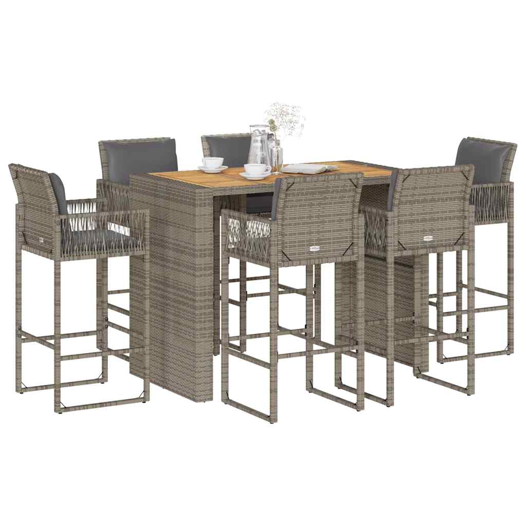 7 Piece Garden Bar Set with Cushions Grey Poly Rattan Acacia