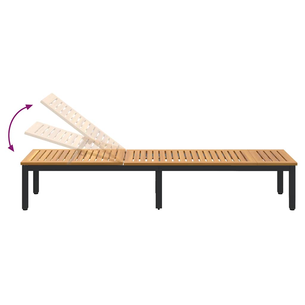 Sun lounger Reclining Black 200 x 55 x 35cm Solid Acacia wood