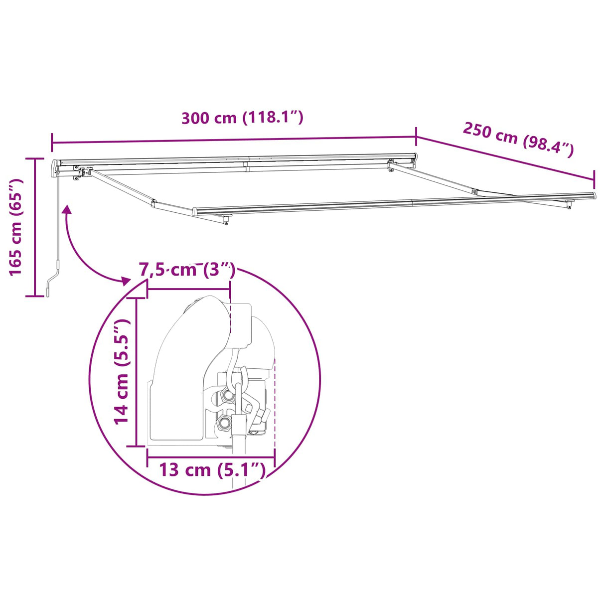 Awning Retractable Light Grey 300 x 250 x 165 cm Polyester