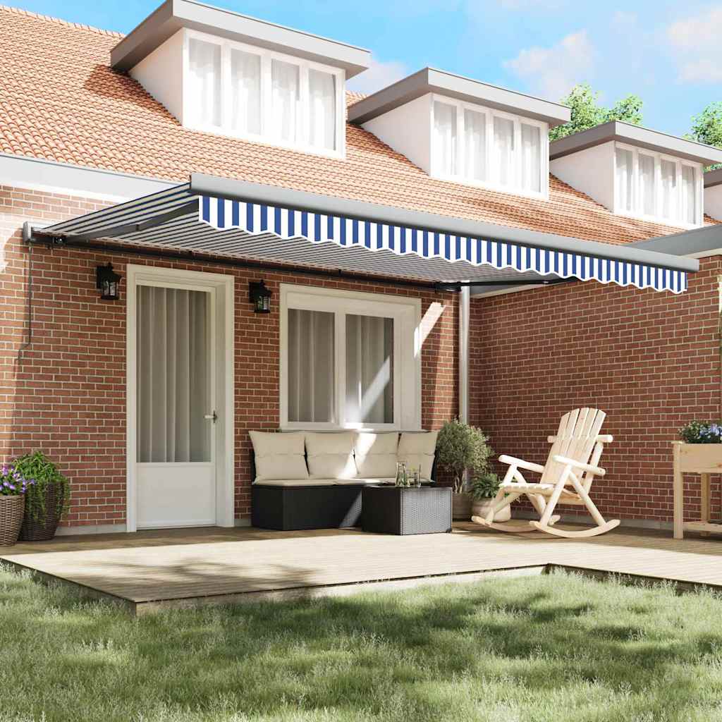 Retractable Awning Blue and White 450 x 300 cm Fabric and Metal