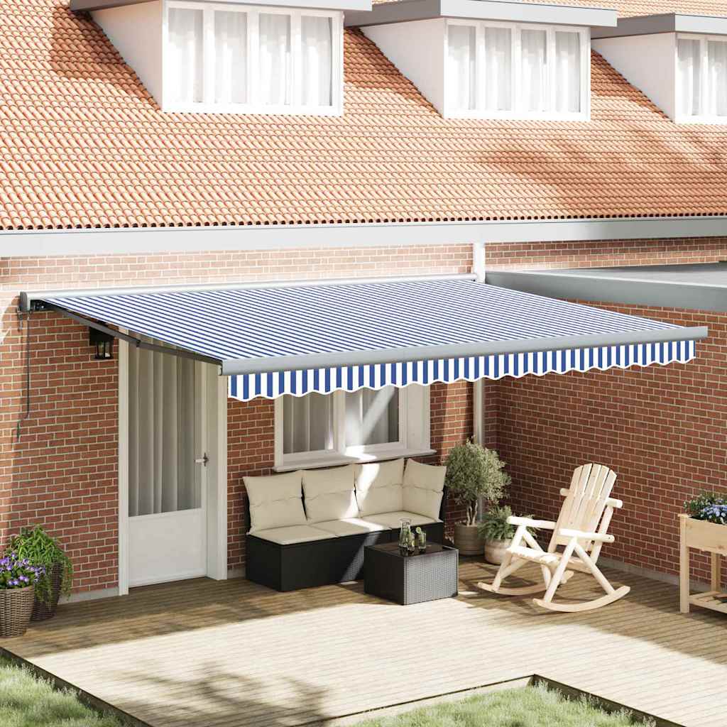 Retractable Awning Blue and white 450 x 300 cm Fabric, Metal