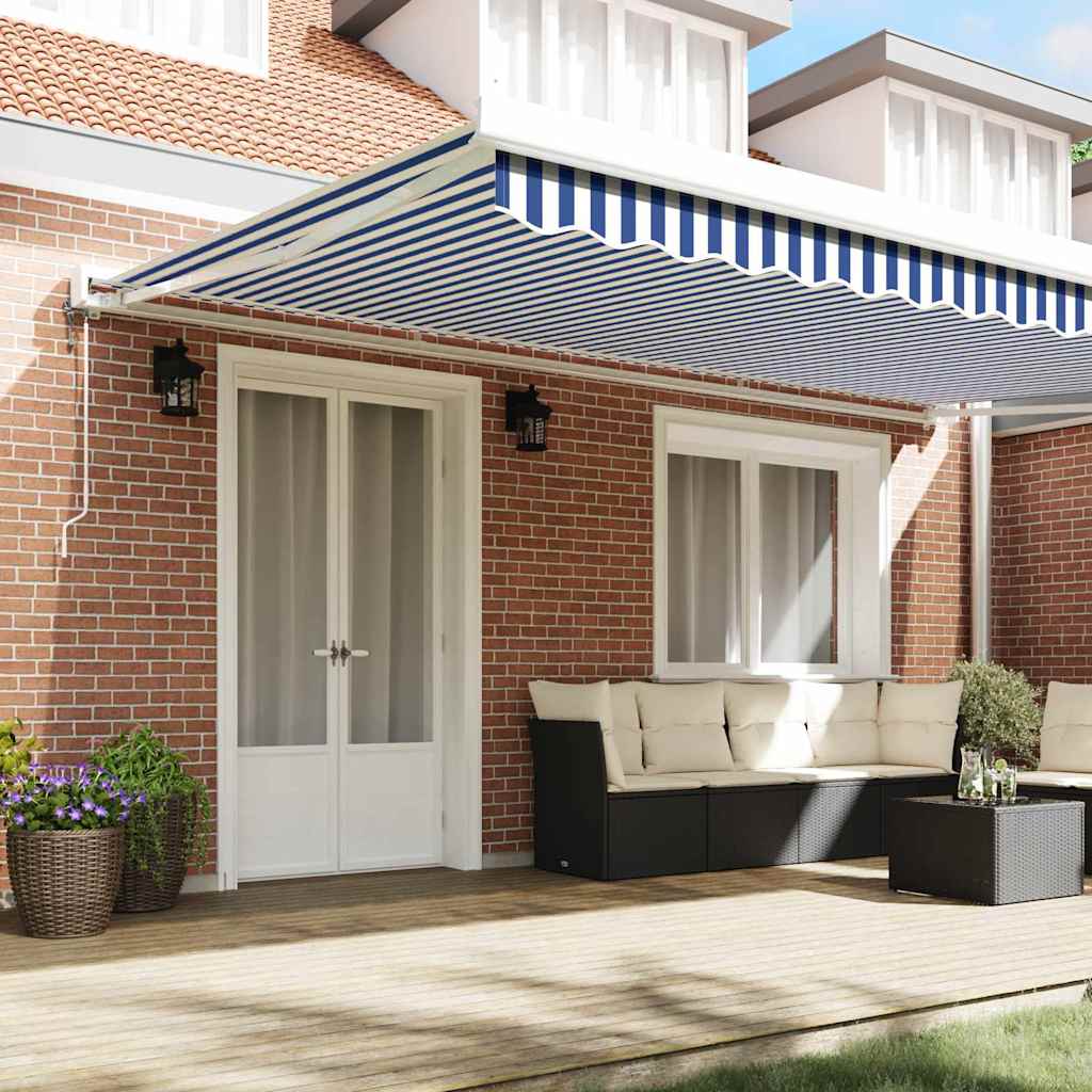 Retractable Awning Blue and white 500 x 300 cm Fabric, Metal