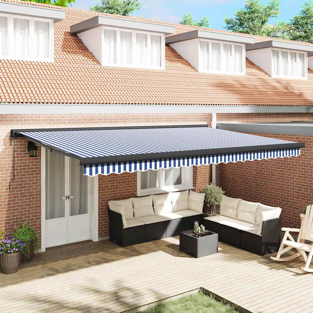 Retractable Awning Blue and white 500 x 300 cm Fabric, Metal