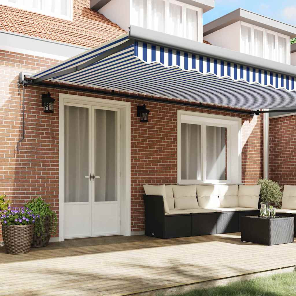Retractable Awning Blue and white 500 x 300 cm Fabric, Metal