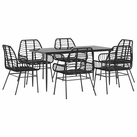 7 Piece Garden Dining Set Black Poly Rattan Glass