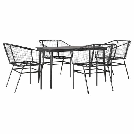 5 Piece Garden Dining Set Black Poly Rattan Glass