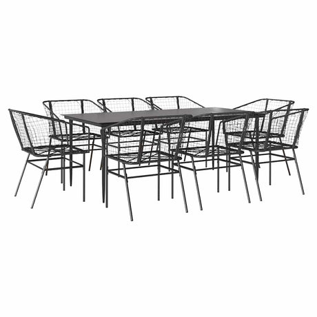 9 Piece Garden Dining Set Black Poly Rattan Glass