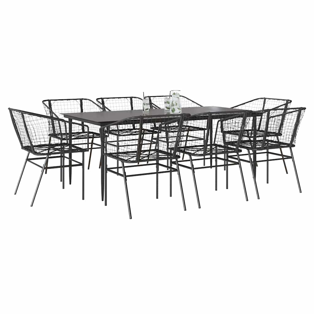 9 Piece Garden Dining Set Black Poly Rattan Glass