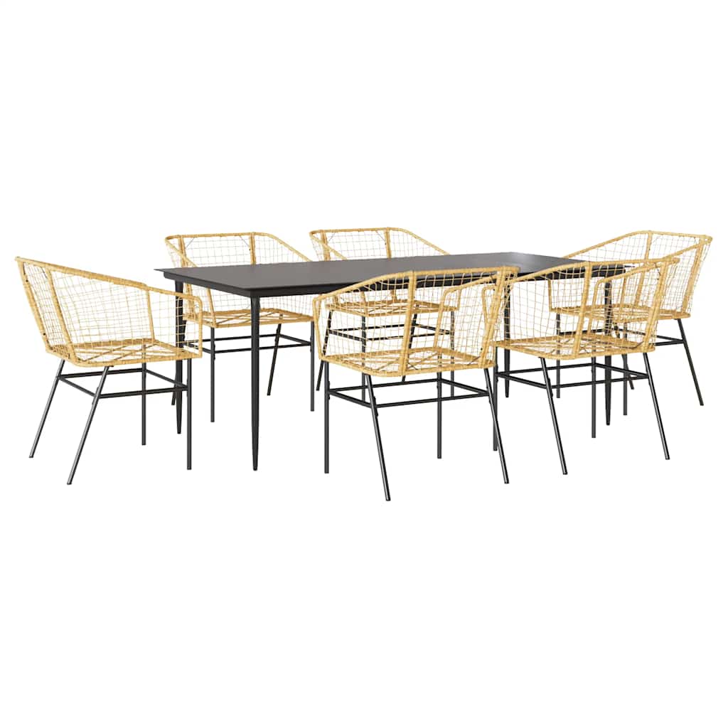 7 Piece Garden Dining Set Brown Poly Rattan Glass