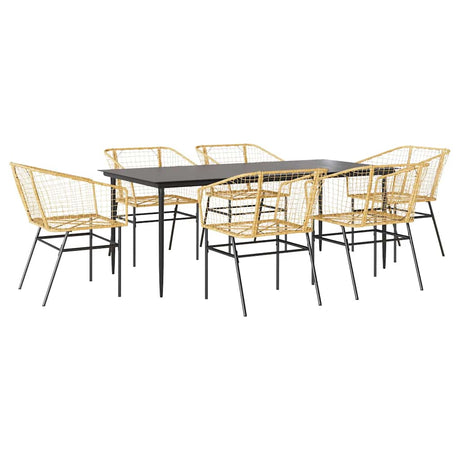 7 Piece Garden Dining Set Brown Poly Rattan Glass