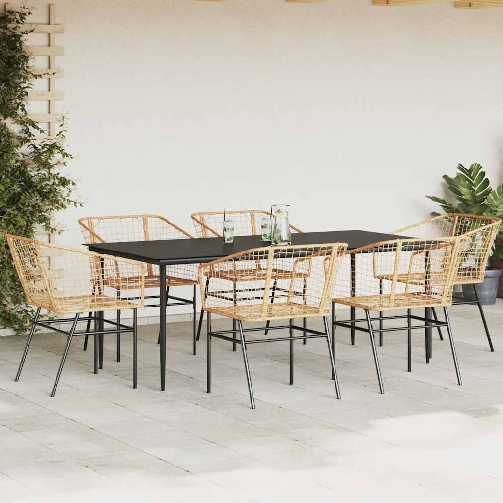 7 Piece Garden Dining Set Brown Poly Rattan Glass