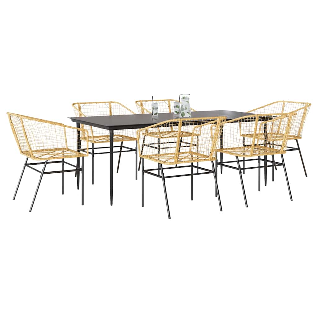 7 Piece Garden Dining Set Brown Poly Rattan Glass