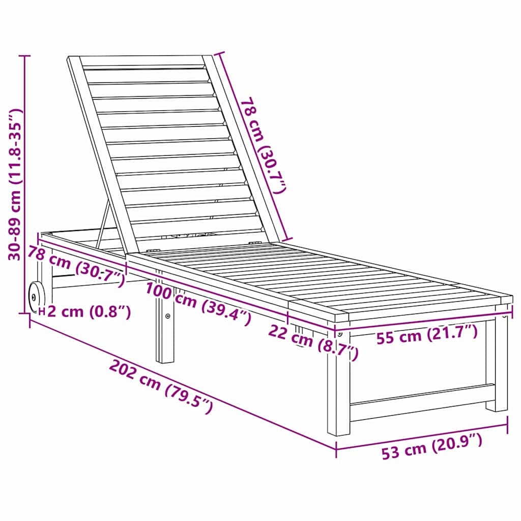 Sun Lounger Reclining Brown 53 x 202 x 89cm Solid Acacia wood