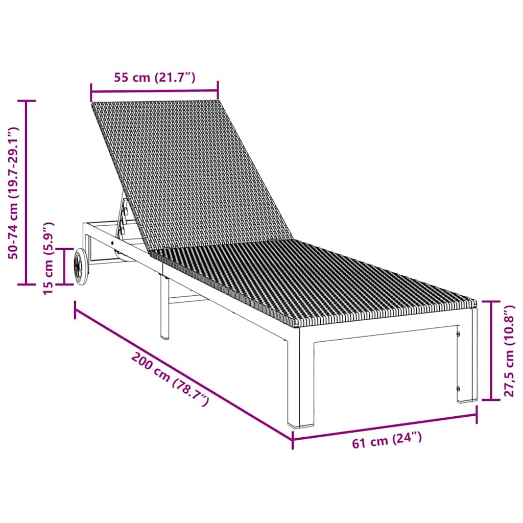 Sunbed 1-person Black 60 x 200 x 27cm Poly Rattan