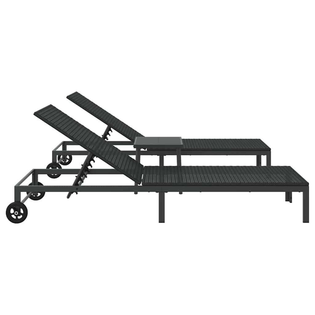 Sunbed Reclining 2-person 3 pcs Black Poly Rattan