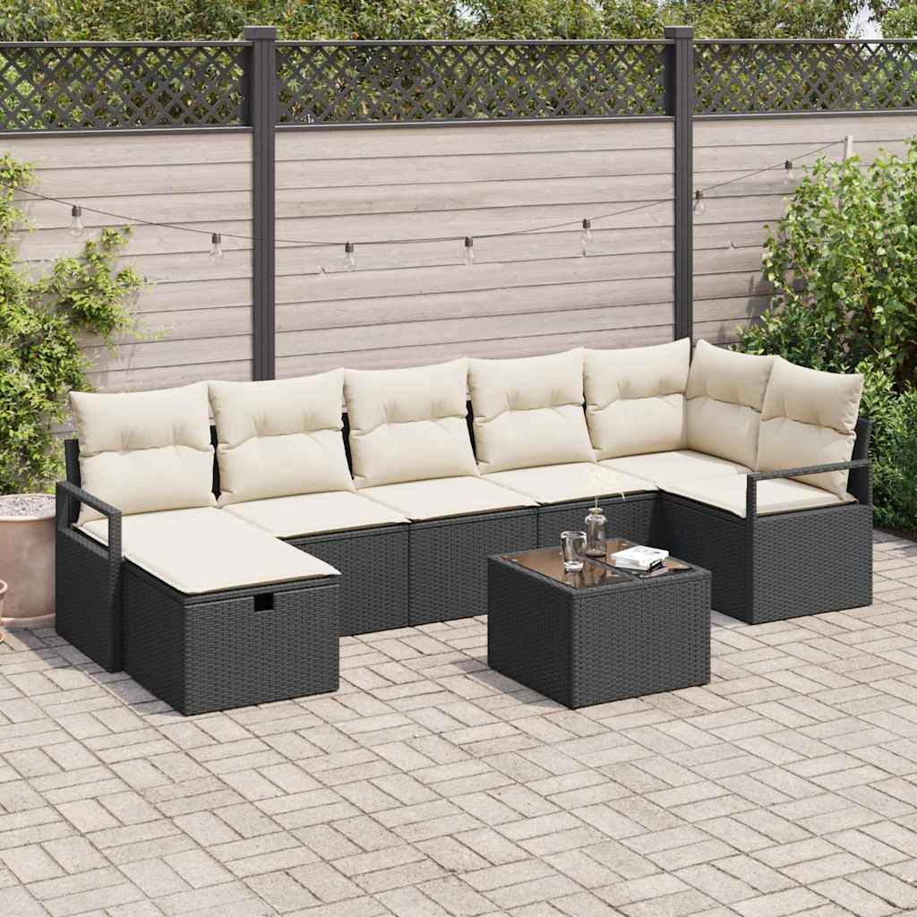 Sofa Set with Cushion Manual 8 pcs Black and Cream Poly Rattan