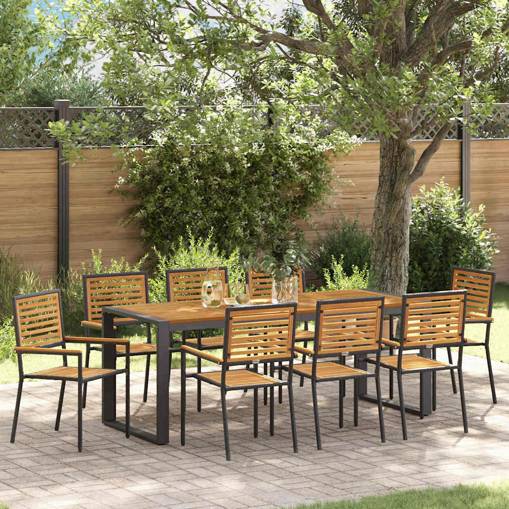 Garden Dining Set 9 pcs Black and Wood Poly Rattan