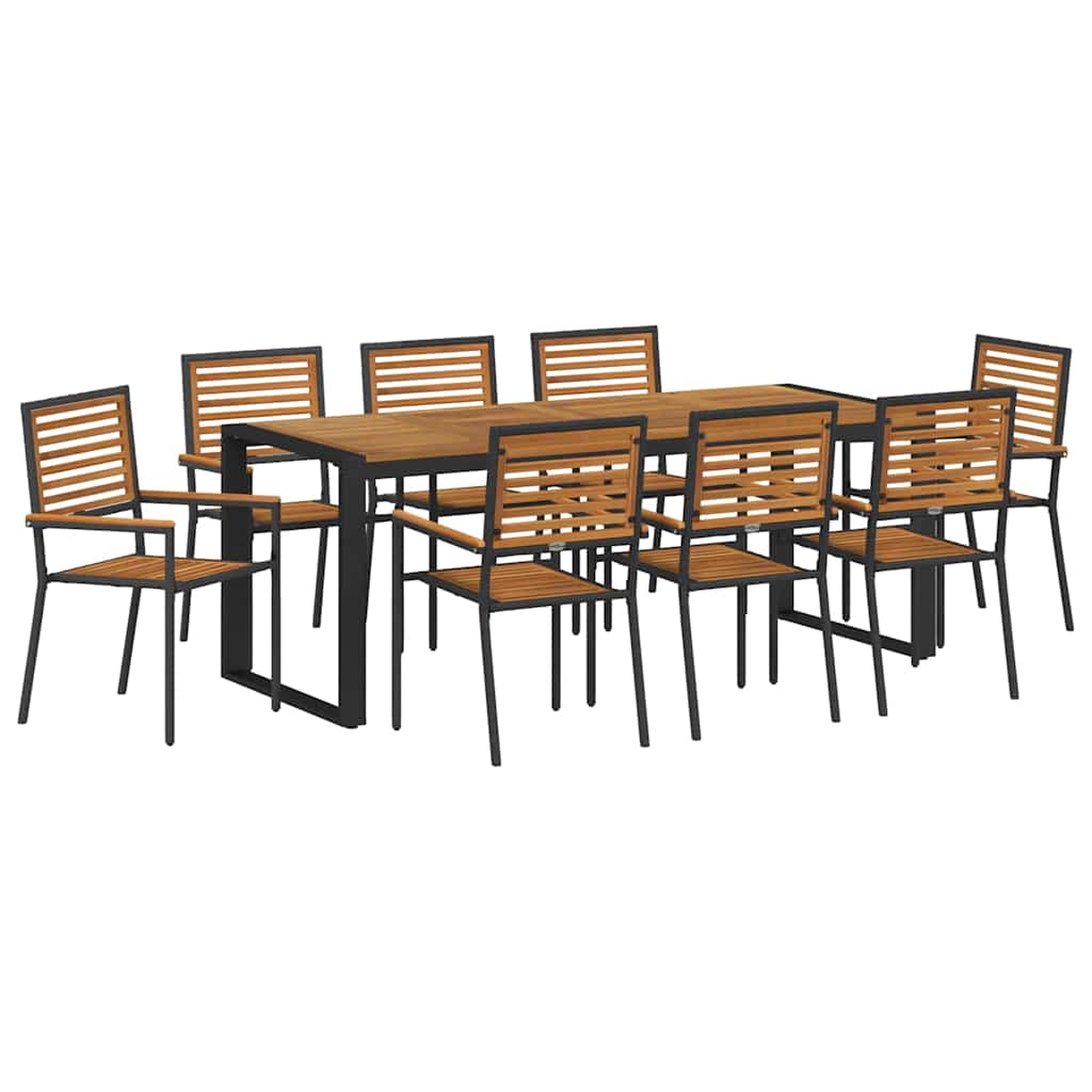 Garden Dining Set 9 pcs Black and Wood Poly Rattan
