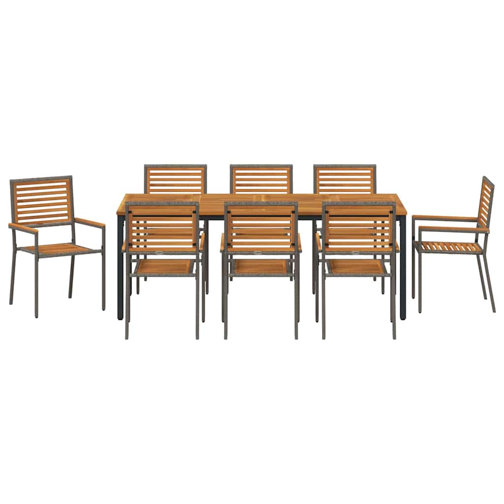 Garden Dining Set 9 pcs Grey and Natural Teak Poly Rattan