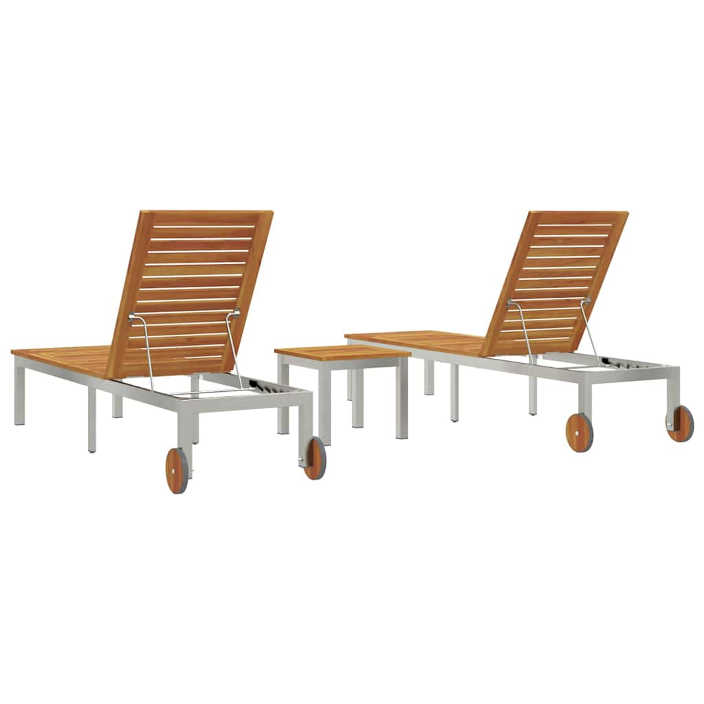 Sun Loungers 2 pcs with Table 3 pcs Brown Solid acacia wood