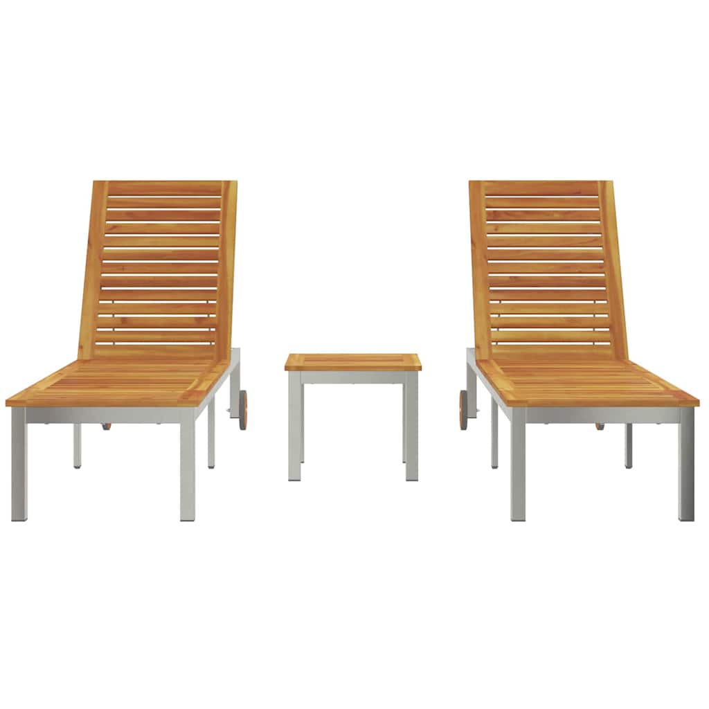 Sun Loungers 2 pcs with Table 3 pcs Brown Solid acacia wood