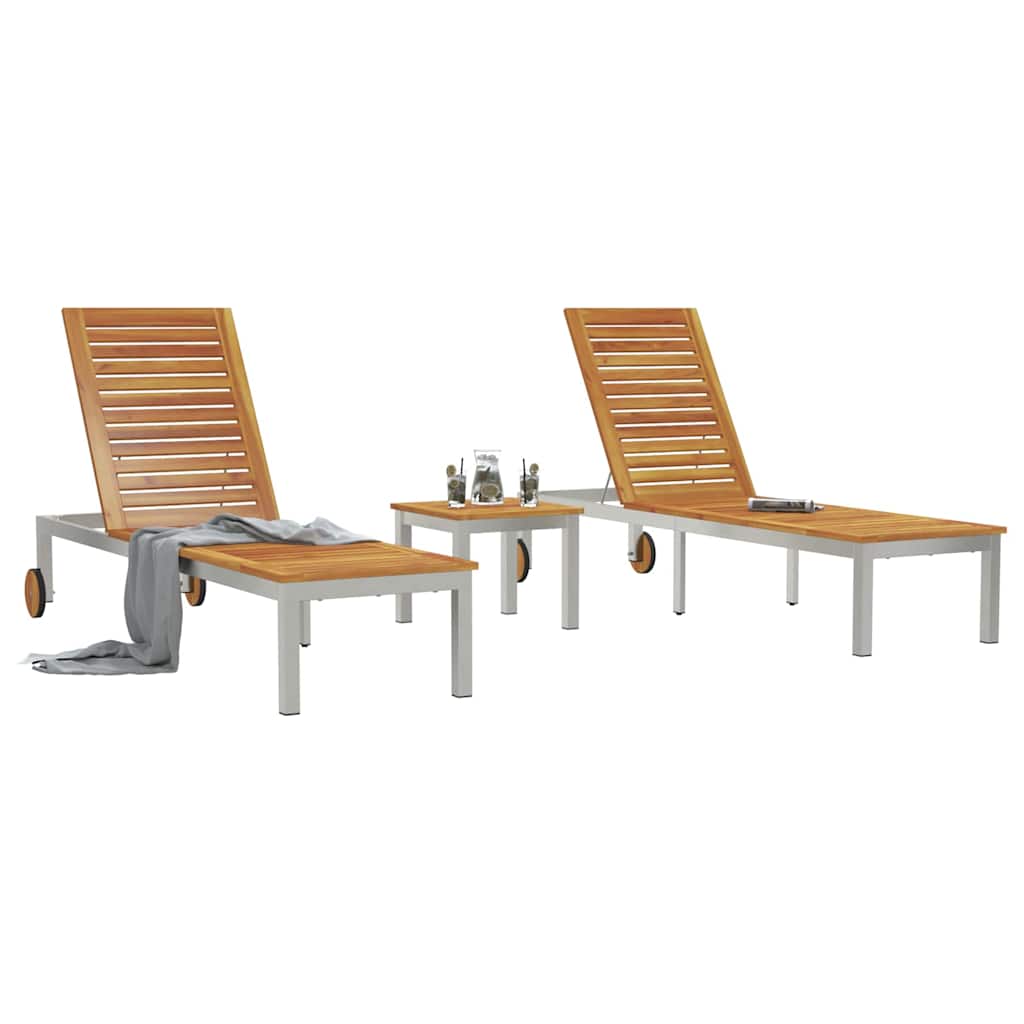 Sun Loungers 2 pcs with Table 3 pcs Brown Solid acacia wood