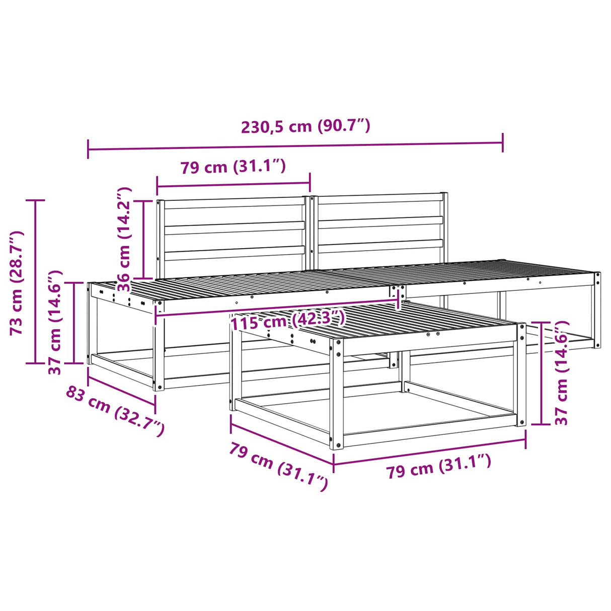 Outdoor Sofa Set 3 Piece Natural Solid Acacia Wood