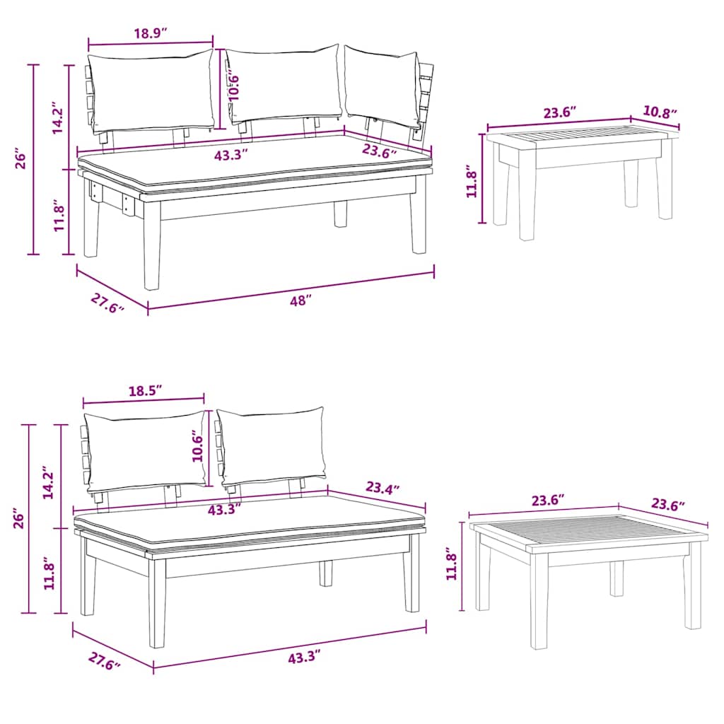 Garden Bench Set with Cushion 4 pcs Brown and Cream