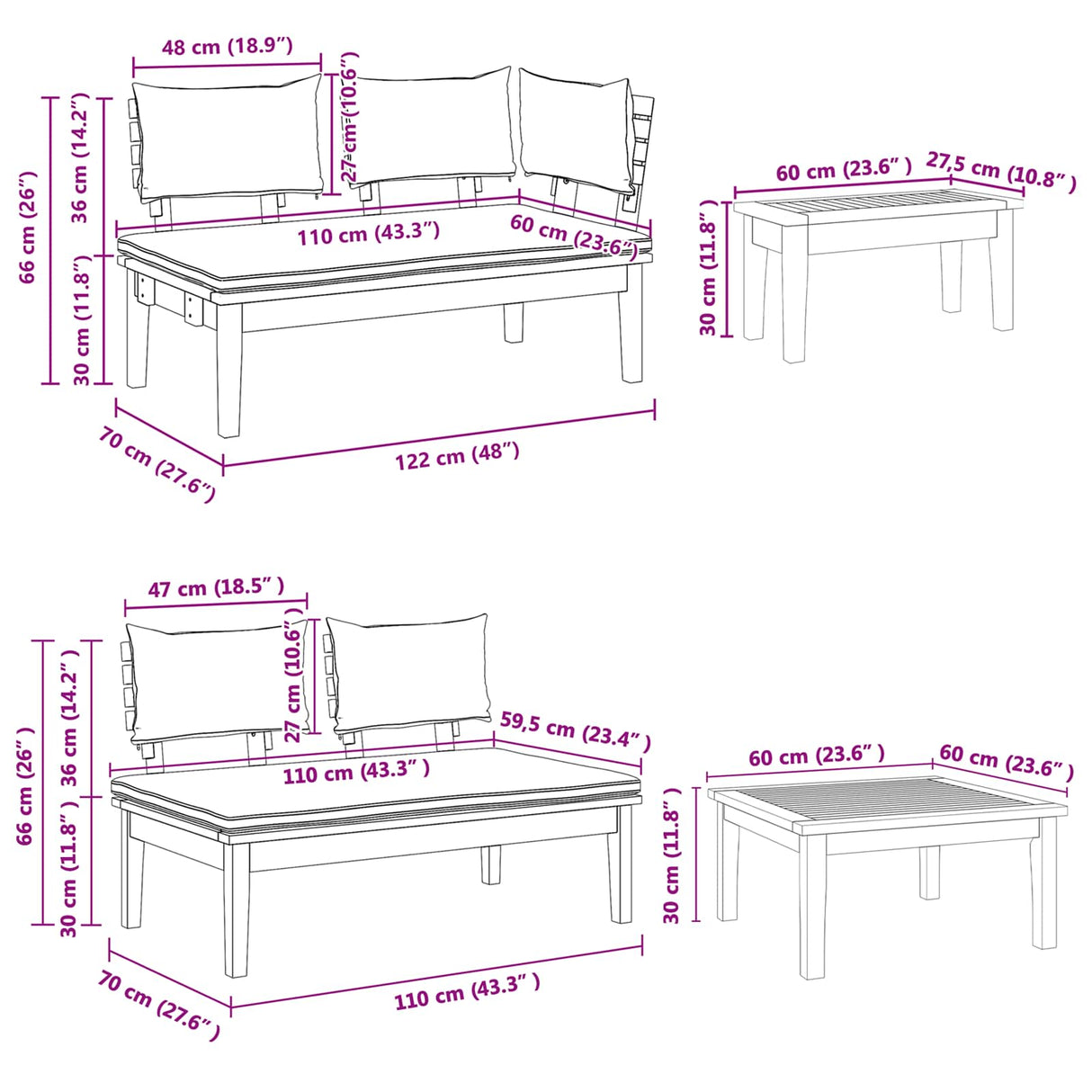 Garden Bench Set with Cushion 4 pcs Brown and Cream