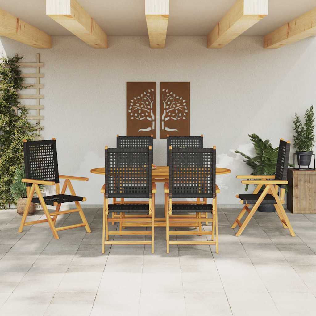 Garden Dining Set 7 pcs Black Solid acacia wood and poly rattan
