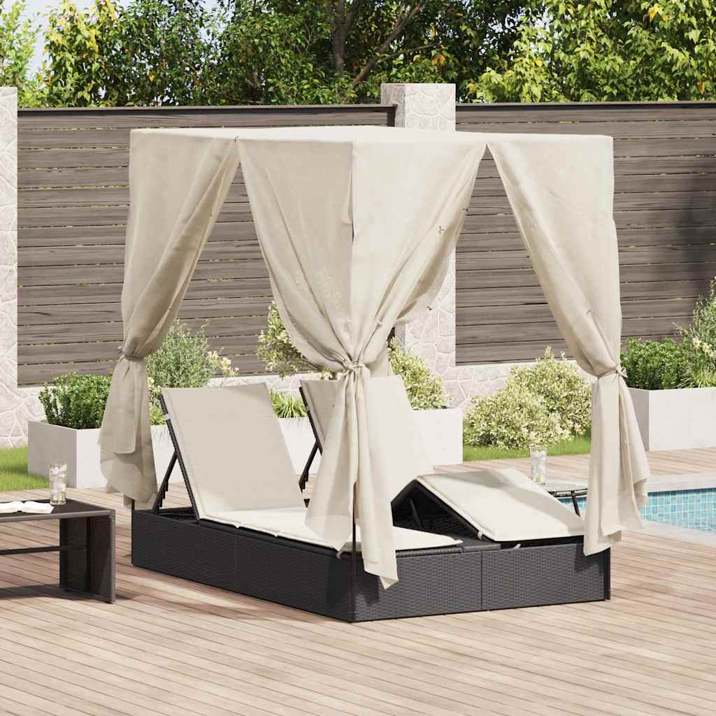Double Sun Lounger with Roof Black 205 x 129 x 200 cm PE rattan