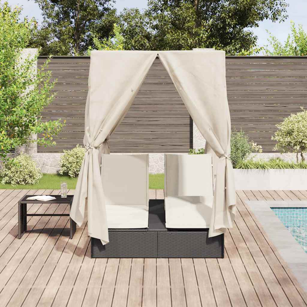 Double Sun Lounger with Roof Black 205 x 129 x 200 cm PE rattan