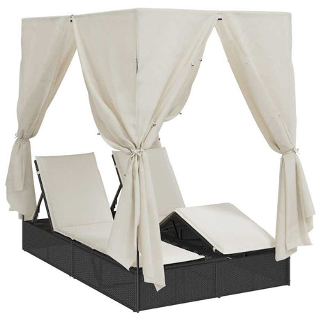 Double Sun Lounger with Roof Black 205 x 129 x 200 cm PE rattan