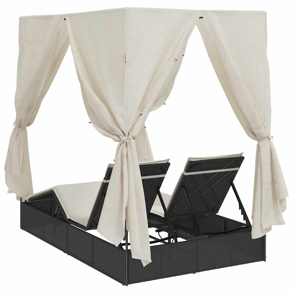 Double Sun Lounger with Roof Black 205 x 129 x 200 cm PE rattan