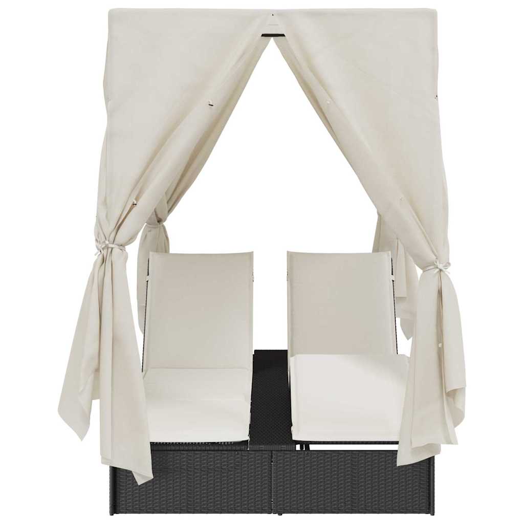 Double Sun Lounger with Roof Black 205 x 129 x 200 cm PE rattan