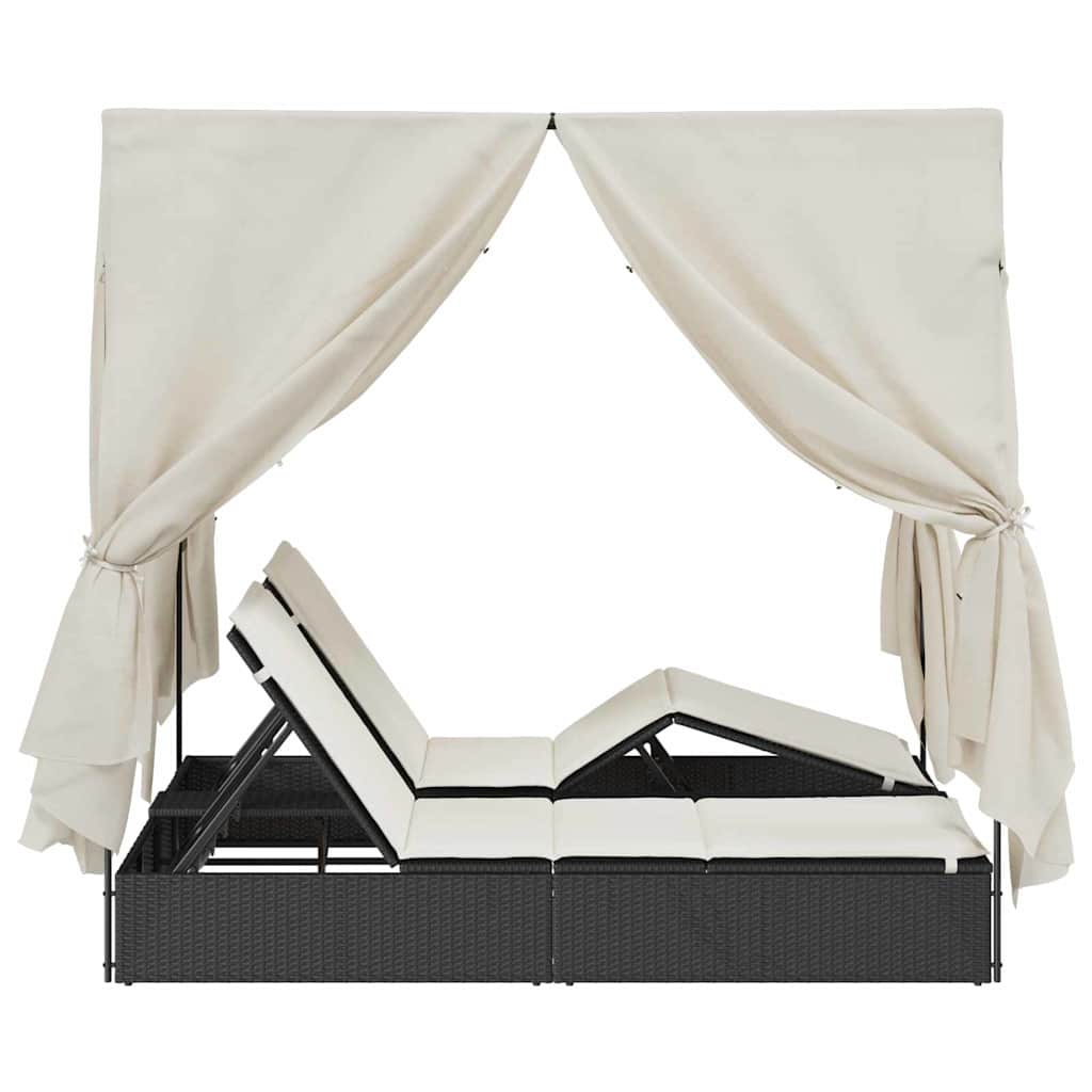 Double Sun Lounger with Roof Black 205 x 129 x 200 cm PE rattan