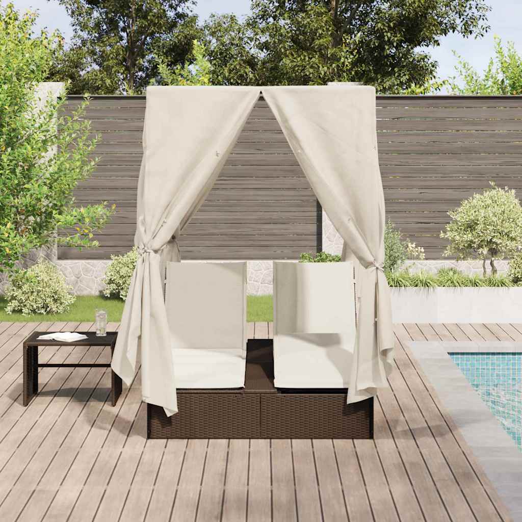 Double Sun Lounger with Roof Brown 205 x 129 x 200 cm PE rattan
