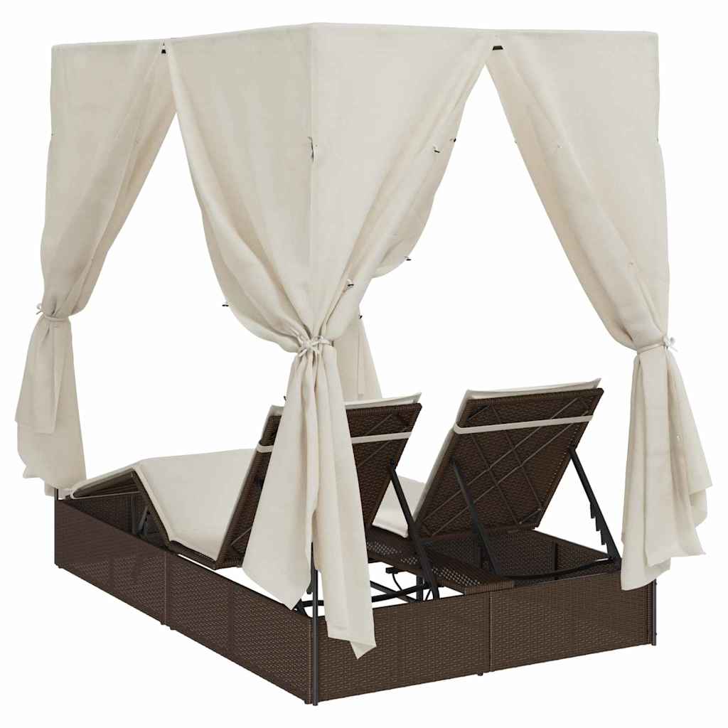 Double Sun Lounger with Roof Brown 205 x 129 x 200 cm PE rattan