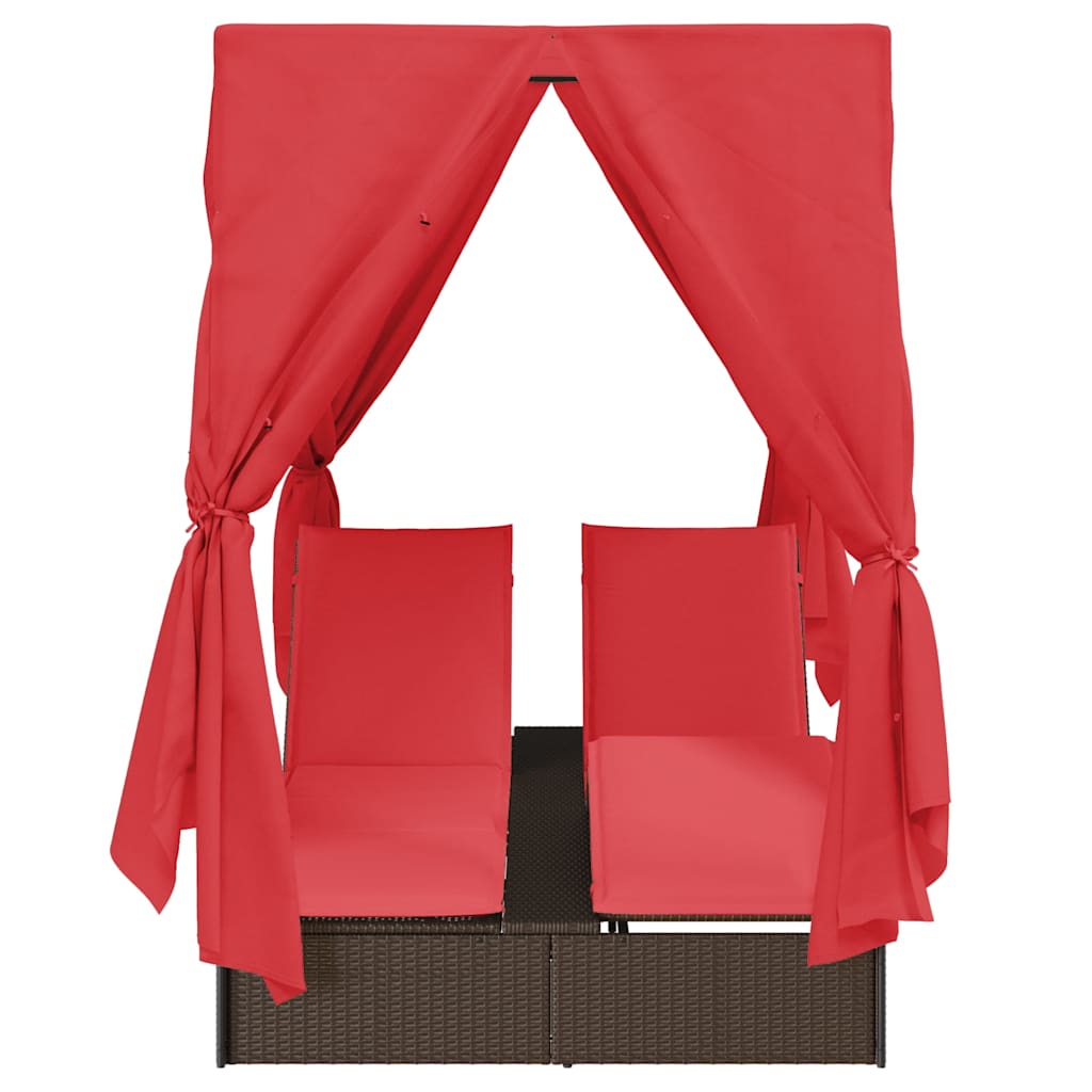 Double Sun Lounger with Roof Brown 205 x 129 x 200 cm PE rattan