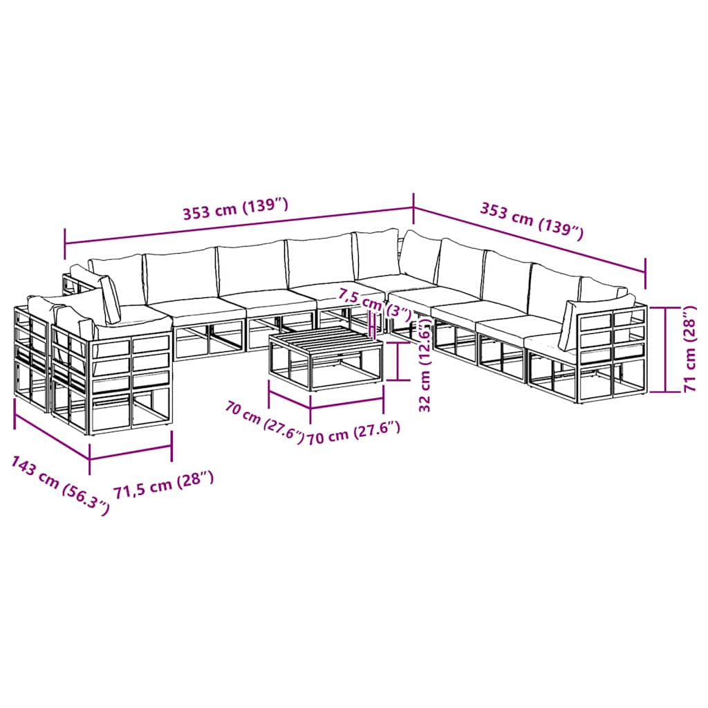 Garden Sofa Set with Cushion 12 pcs Black Aluminium