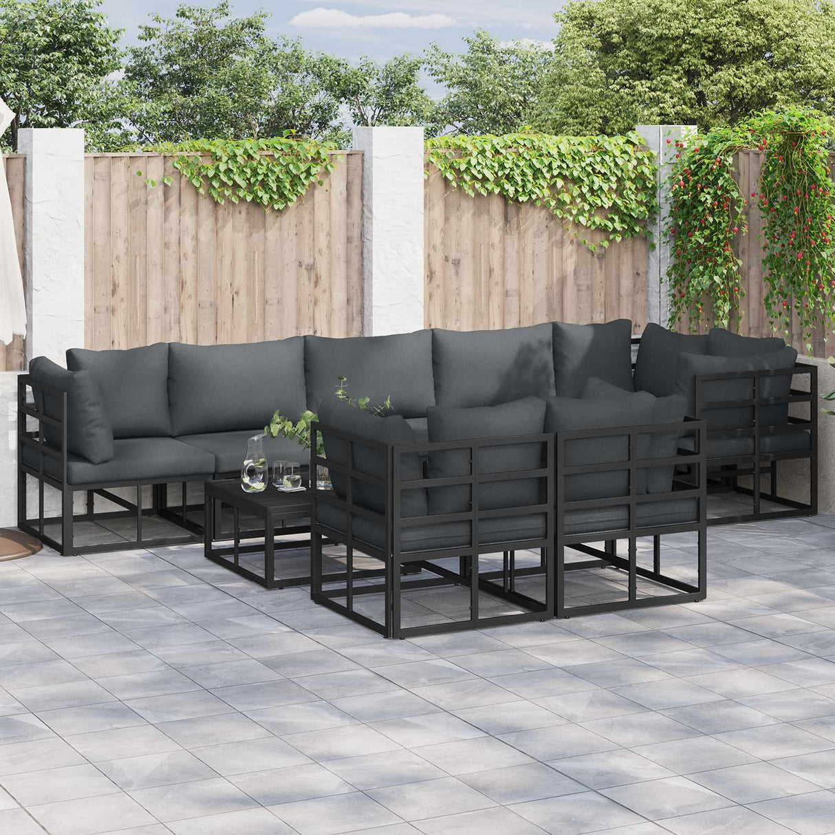Garden Sofa Set with Cushion 9 pcs Black Aluminium
