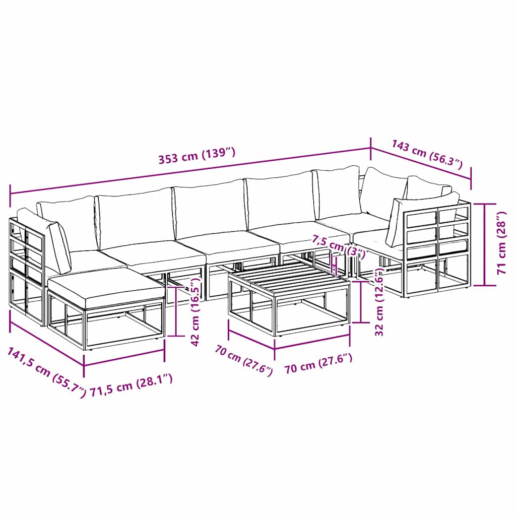 Garden Sofa Set with Cushion 8 pcs Black Aluminium