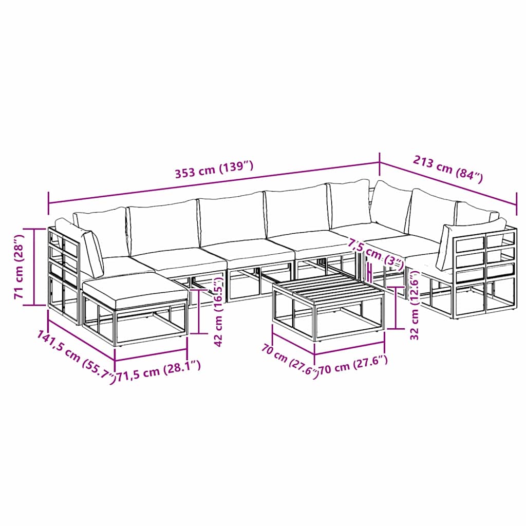 Garden Sofa Set with Cushion 9 pcs Black Aluminium